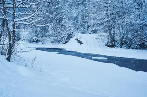 Winter mountain river after the snowfall Stock Photos