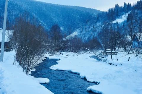 Winter mountain river after the snowfall Stock-Fotos