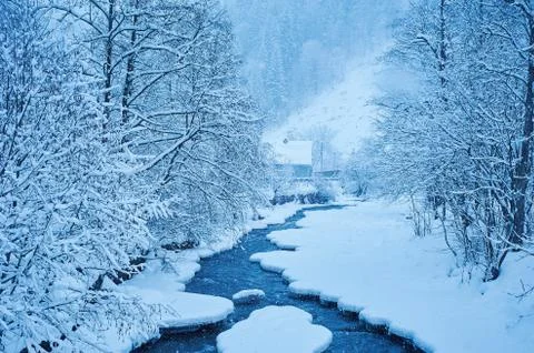 Winter mountain river after the snowfall 写真素材