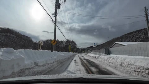 Winter mountain road driving no passing sign narrow snowy road Japan Vídeo Stock 333204928