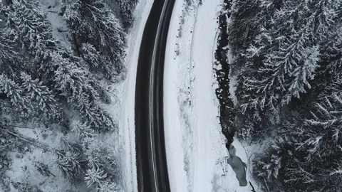 Winter mountain road surrounded by snowy trees, aerial view. Vídeo Stock 121483031