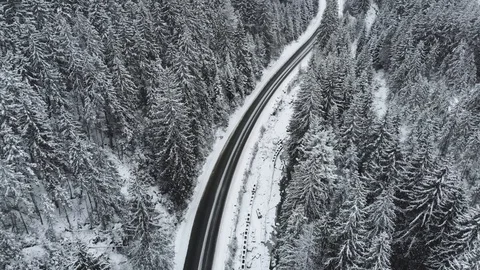 Winter mountain road surrounded by snowy trees, aerial view. 動画素材 121518332