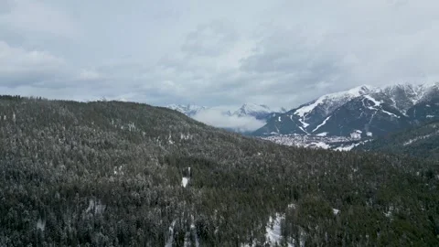 Winter Mountain Valley and Forest with a Distant Alpine Village Stock Footage 314288423