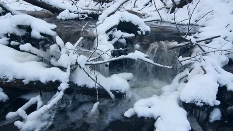 Winter mountain waterfall snow scene. Stock Footage 164816778