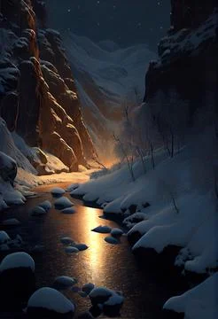 Winter mountains landscape. Mountain river in the middle of forest. Night l.. Stock Illustration