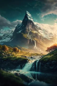 Winter mountains landscape. Mountain river in the middle of forest. Night l.. Stock Illustration