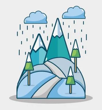 Winter mountains with pine trees and clouds raining Stock Illustration