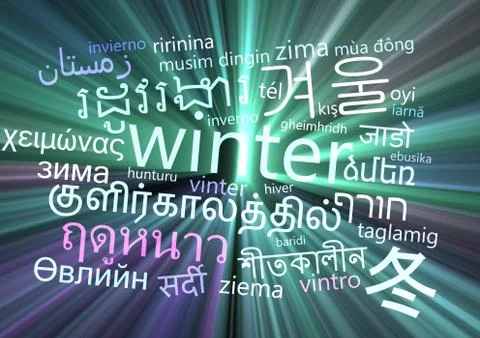 Winter multilanguage wordcloud background concept glowing Stock Illustration