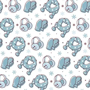 Winter New Year Christmas pattern in blue tones with knitted accessories an.. Stock Illustration