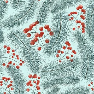 Winter New Year pattern. Snow-covered pine branches and red berries. Stock Illustration