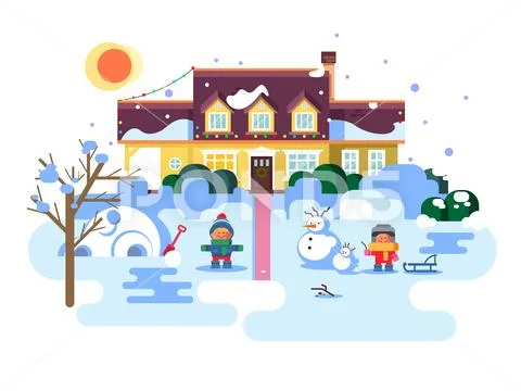 Winter night children play Stock Illustration
