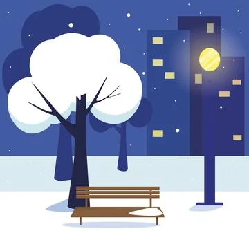 Winter night in a city park. Vector illustration. Stock Illustration
