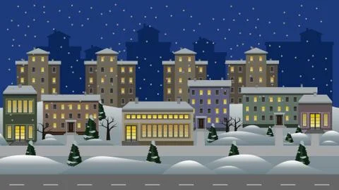 Winter night cityscape vector cartoon background. Stock Illustration