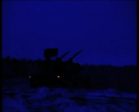 Winter. Night. On combat position anti-aircraft missile complex Tunguska Video stock 4886028