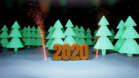 Winter night, coniferous forest with backlight and golden inscription 2020 with Stock Illustration