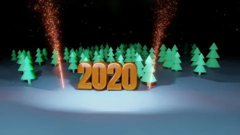 Winter night, coniferous forest with backlight and golden inscription 2020 with Stock Illustration