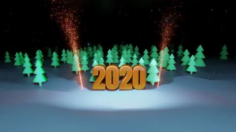 Winter night, coniferous forest with backlight and golden inscription 2020 with Stock Illustration