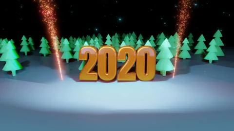 Winter night, coniferous forest with backlight and golden inscription 2020 with Stock Illustration