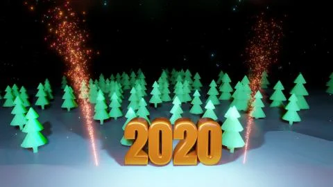 Winter night, coniferous forest with backlight and golden inscription 2020 with Stock Illustration