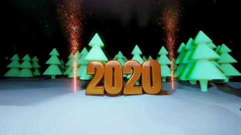 Winter night, coniferous forest with backlight and golden inscription 2020 with Stock Illustration
