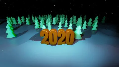 Winter night, coniferous forest with backlight and golden inscription 2020 in Stock Illustration