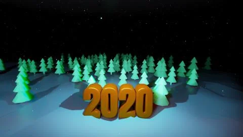 Winter night, coniferous forest with backlight and golden inscription 2020 in Stock Illustration