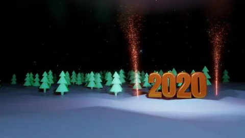 Winter night, coniferous forest with backlight and golden inscription 2020 with Stock Illustration
