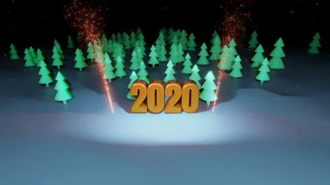 Winter night, coniferous forest with backlight and golden inscription 2020 with Stock Illustration