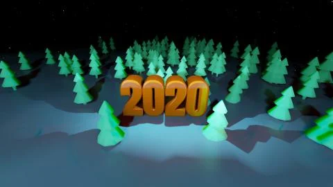 Winter night, coniferous forest with backlight and golden inscription 2020 in Stock Illustration