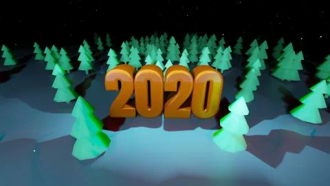 Winter night, coniferous forest with backlight and golden inscription 2020 in Stock Illustration