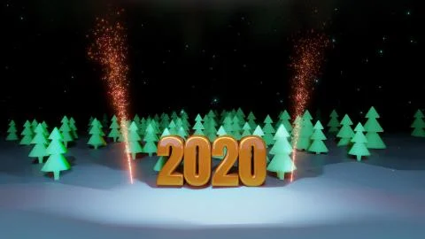 Winter night, coniferous forest with backlight and golden inscription 2020 with Stock Illustration