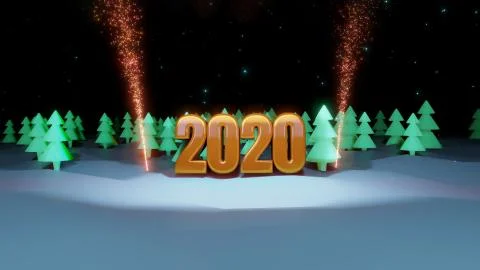 Winter night, coniferous forest with backlight and golden inscription 2020 with Stock Illustration