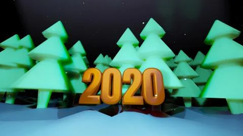 Winter night, coniferous forest with backlight and golden inscription 2020 in Stock Illustration