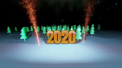 Winter night, coniferous forest with backlight and golden inscription 2020 with Stock Illustration