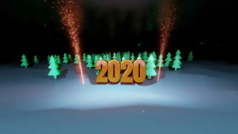 Winter night, coniferous forest with backlight and golden inscription 2020 with Stock Illustration