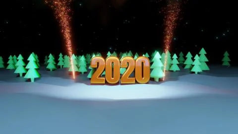 Winter night, coniferous forest with backlight and golden inscription 2020 with Stock Illustration