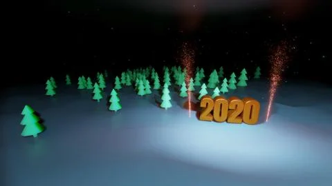 Winter night, coniferous forest with backlight and golden inscription 2020 with Stock Illustration