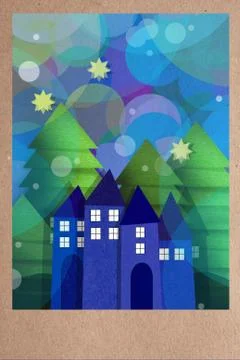 Winter night with falling snow over a town Stock Illustration