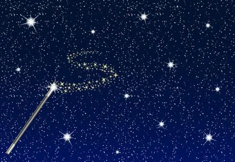 Winter night with falling snowflakes, magic wand and stream of stars Stock Illustration