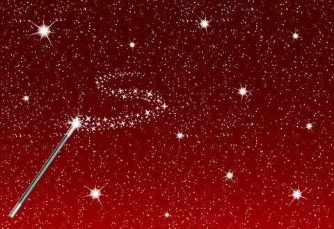 Winter night with falling snowflakes, magic wand and silver stream of stars Stock Illustration