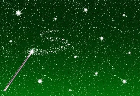 Winter night with falling snowflakes, magic wand and silver stream of stars Stock Illustration