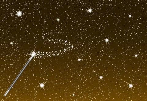 Winter night with falling snowflakes, magic wand and silver stream of stars Stock Illustration