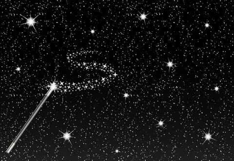 Winter night with falling snowflakes, magic wand and silver stream of stars Stock Illustration