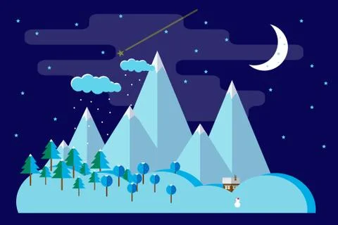Winter night flat landscape Stock Illustration