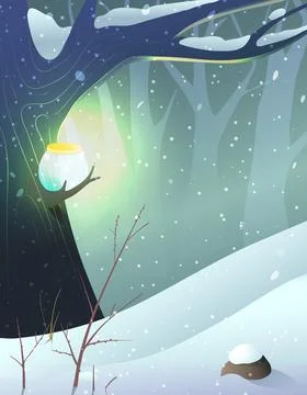 Winter Night Forest Tree Magical Fairytale Scenery Stock Illustration