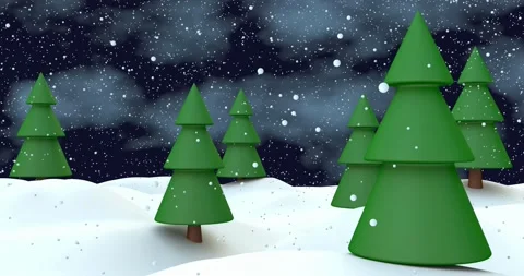 Winter night landscape with falling snow, green pines trees, cloudy sky 3d video Stock Footage 224194788