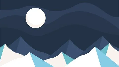 Winter night landscape with moon and mountain background Stock Illustration