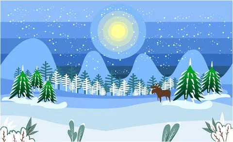 Winter night landscape with snowy fields, hills and full moon. Christmas Stock Illustration