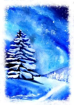 Winter night landscape with spruce and snow. Winter card for Christmas and New Stock Illustration