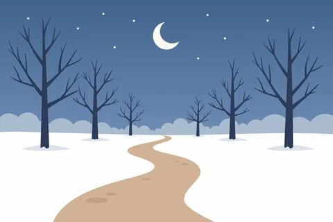 Winter night landscape with winding path in snow Stock Illustration